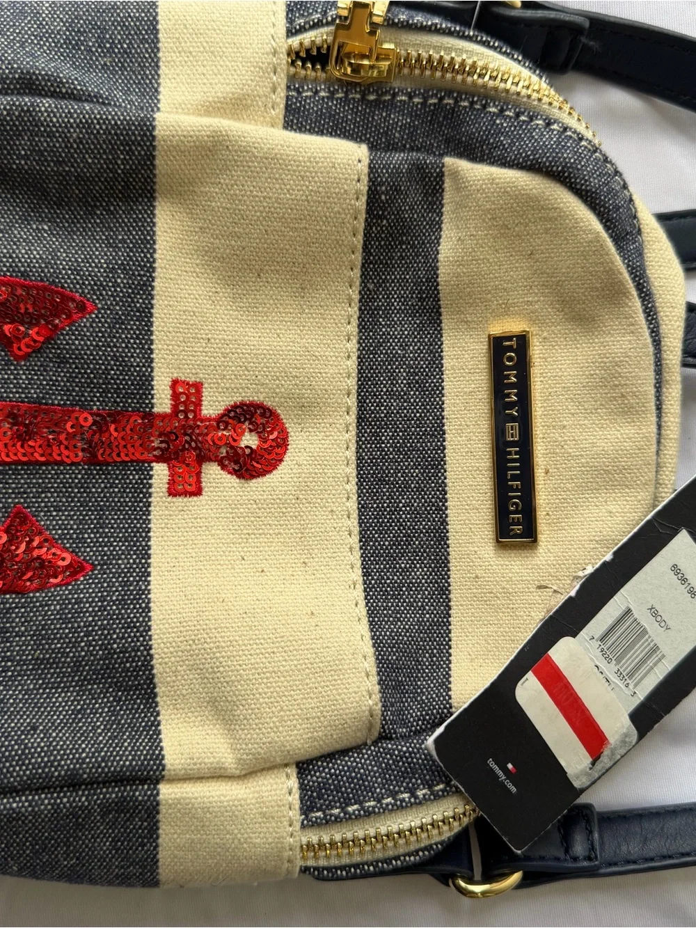 Tommy Hilfiger Striped Mini Backpack with Red Sequin Anchor